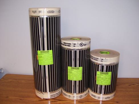 The iQ radiant floating-floor warming system consists of thin film sheets printed with carbon and silver ink. Sheets are intended to be installed between the floor joists as a primary or supplementary heating system. The elements are available in 12 inches, 16 inches, and 24 inches wide. Calorique. 
www.calorique.com.