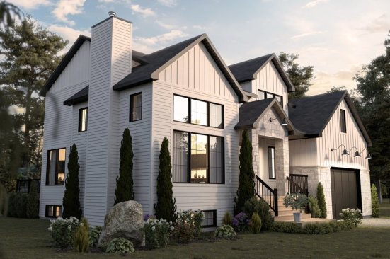 Four-bedroom home design with wet room, front exterior. See more images at Houseplans.