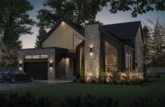 Modern home layout with wet room, front exterior. See more images at Houseplans.