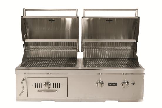 Coyote Outdoor Grill The Coyote Centaur Hybrid Grill is a unique 50-inch, split-hood stainless steel grill with two separate fire boxes and 600 square inches of cooking space per side. One side of the grill features two Coyote iBurners for gas grilling, the other holds an adjustable commercial charcoal or wood chip tray for grilling or smoking. The grill also offers interior lighting and performance enhancing control grids.&nbsp;