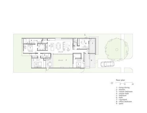 The home is built around a courtyard, so inside-outside connections are at the heart of the plan. The master bath reinforces the inside-outside idea.