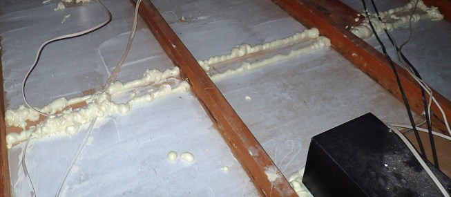 Here, the wall plate joint has been sealed with foam.