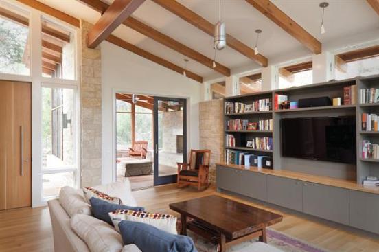 Exposed pine beams were salvaged from an abandoned house on the property.