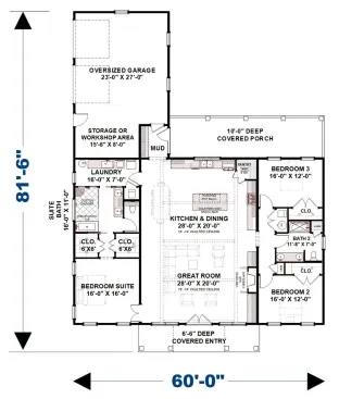 1 story barndominium main floor plan. See more details at Houseplans.com.