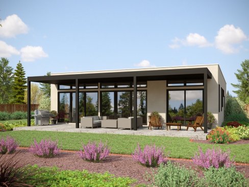 Modern one-story house plan, rear exterior. See details at Houseplans.com.