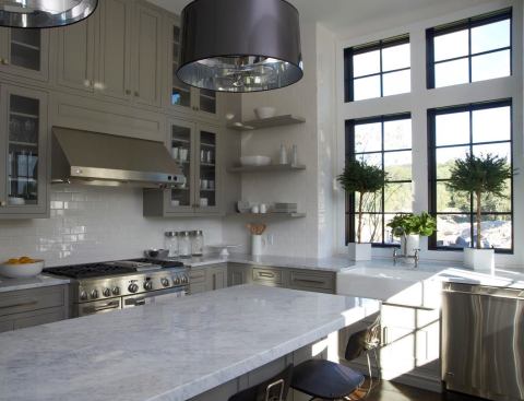 2013 Grand Winner, Kitchen in a Production Home, over 3,000 sqft.: Piper House Kitchen, Darien, Conn. The materials and layout are inspired by English manor style, but updated with contemporary touches.