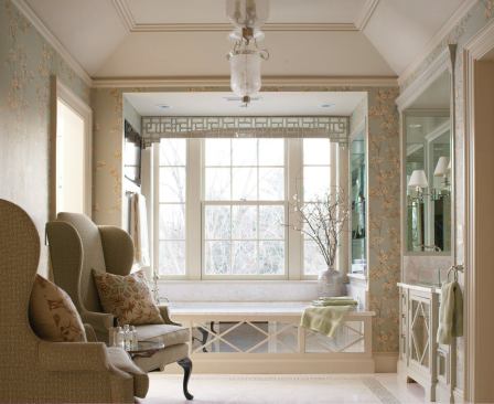 2014 Grand, Master Bath: Bath in a Classical Revival Residence, Greenwich, Conn. by Douglas VanderHorn Architects

The deck-mounted tub is tucked into a niche so that the rectangle of the room gives a gracious, spacious feel. This, in turn, allows space for furniture. Mirrored panels allow daylight to travel through the room, adding an airy feel.