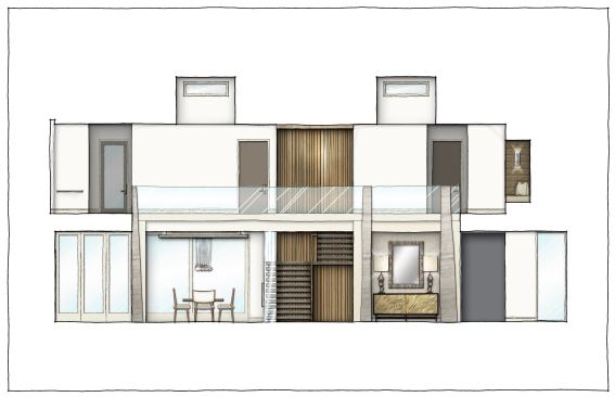 Two-story axis wall toward stairway