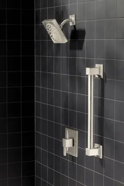 90 Degree Grab Bars.&nbsp;Moen's 90 Degree grab bars fit more contemporary styles with a sleek, geometric design. Also available in chrome and brushed nickel. Moen. 
www.moen.com.