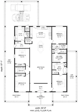 Simple house plan with two main bedrooms, floor plan. See more details at Houseplans.