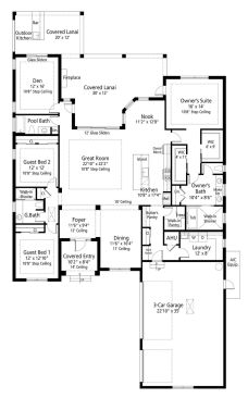 Modern farmhouse plan with wet room, floor plan. See more details at Houseplans.