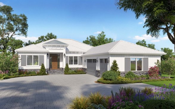 Modern farmhouse plan with wet room, front exterior. See more details at Houseplans.