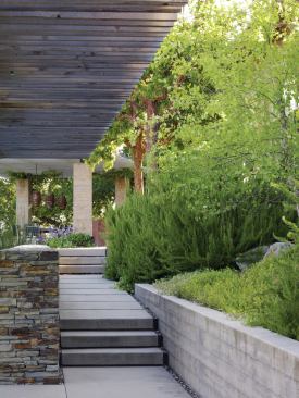 Plants are drought tolerant and minimally irrigated. They are ornamental and manicured near the dining and pool terraces, becoming wilder toward the bottom of the compound.