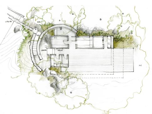 The pavilion’s form is defined by a series of rustic cedar boxes that serve as counterpoint to the landscape.