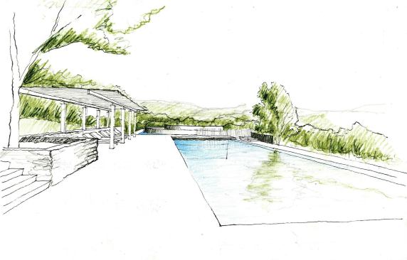 View from the pool terrace toward the meditation pavilion.