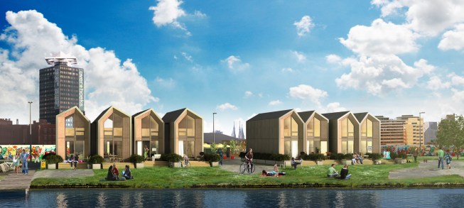 An artist rendering of a community of ONE homes in Amsterdam.