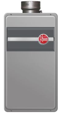 9. Rheem This EcoSense tankless gas water heater offers 150,000 BTUs and delivers 6.4 gallons of water per minute. It has an .82 efficiency factor.