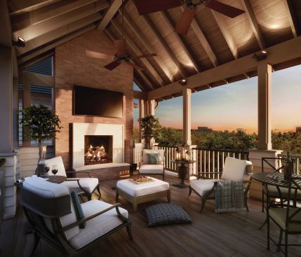 The upper-level terrace has a vaulted ceiling and optional fireplace.