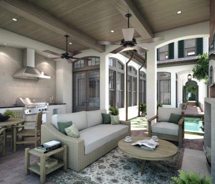 Indoor/outdoor rooms wrap around an internal garden with a swimming pool or other water feature.