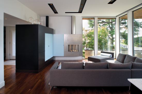 A two-sided coat closet/entertainment center divides the entry and living room spaces.