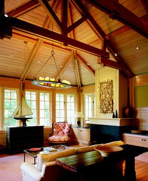 Built-in cabinetry around the fireplace holds clutter to a minimum