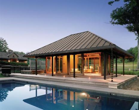 The design of the pool pavilion evolved while the owner was working in Japan. 