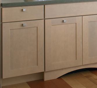 The solid-wood cabinets feature a recessed panel for timeless appeal. The wall cabinets are finished with a small but distinctive cove molding, and all cabinets are fitted with satin nickel knobs and pulls. Storage options include a lazy susan and roll-out pantry trays. KraftMaid
. 888-562-7744. 
www.kraftmaid.com.