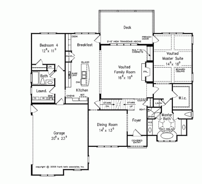 With
most living spaces on the first floor (including a guest suite that would be
perfect for an elderly relative), this layout will easily transition from
move-up to empty nest. See more images, information, and the second-floor plan.