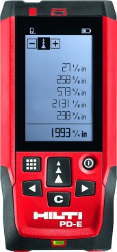 The Hilti PD-E Laser Range Meter has an ample screen display for easy viewing of measurements in a variety of conditions.