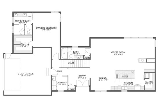 Modern house plan with an open layout, main floor plan. See details at Houseplans.