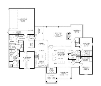 One-story farmhouse plan with four bedrooms, main level. See details at Houseplans.com.