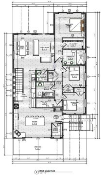 Modern house plan with rooftop deck, main level. See details at Houseplans.com.