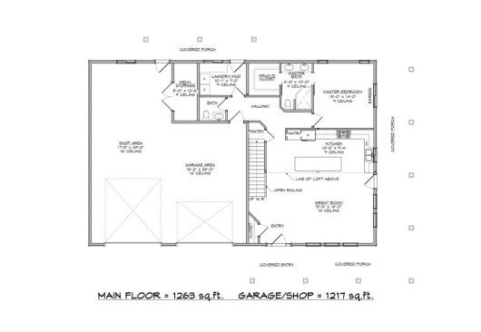 Barndominium plan with RV garage, main level. See details at Houseplans.