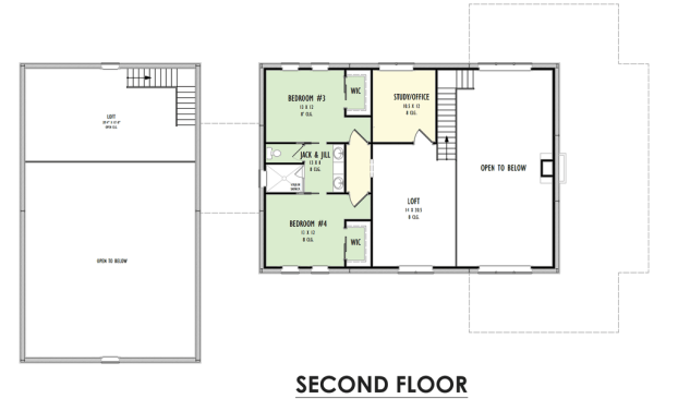 Barndominium house plan, upper level. See more details at Houseplans.com.
