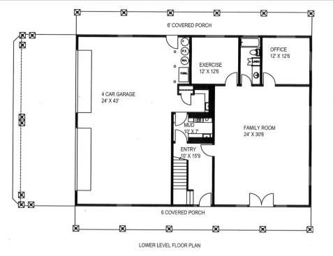 Simple lakefront house plan, ground level. See details at Houseplans.