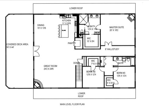 Simple lakefront house plan, main level. See details at Houseplans.