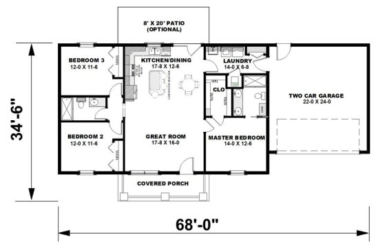 Starter ranch home design with porch, floor plan. See details at Houseplans.