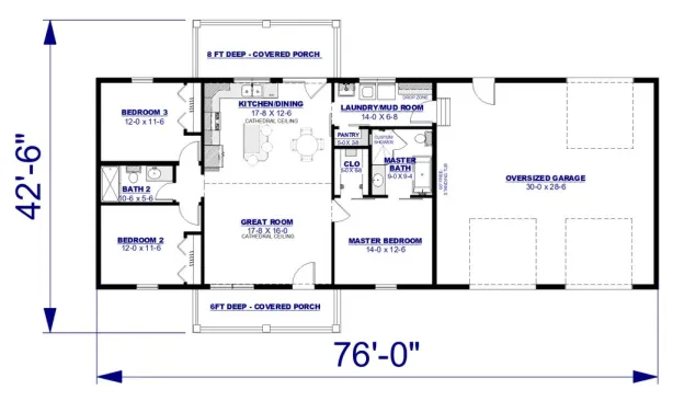 Simple farmhouse plan with large garage, floor plan. See more images at Houseplans.