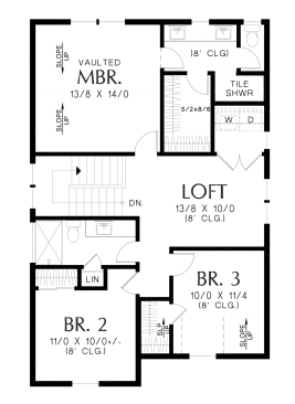 Modern narrow-lot farmhouse plan, upper level. See details at Houseplans.com.