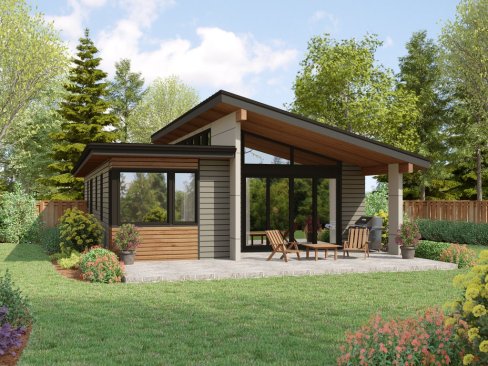 Modern house plan for a narrow lot, rear exterior. See details at Houseplans.