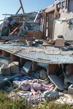 Part of a destroyed house near the old high school, acquired by the school district as part of the rebuilding plan.