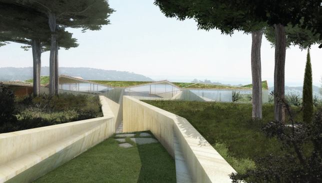 Viewed from its entry walk, the house lifts clerestory windows for light and uphill views.