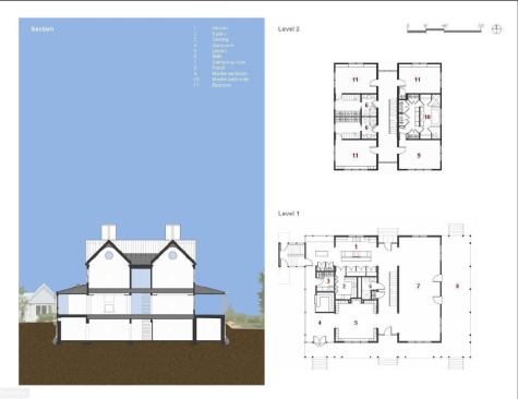 Section and floor plans