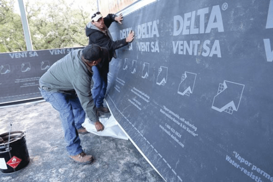 Delta-Vent SA peel-and-stick membrane air-seals walls as well as protecting them from moisture. It should be used with a rainscreen.