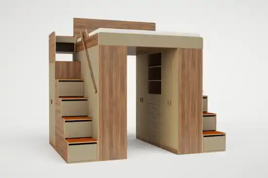 The Urbano king loft bed, shown with two sets of stairs.