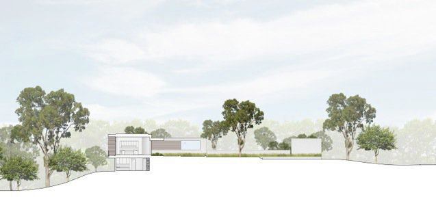 In section, the outdoor kitchen pavilion, right, mirrors the home’s proportions