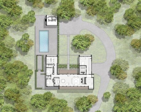 At the rear of the pavilion is a bath, outdoor shower, and storage.