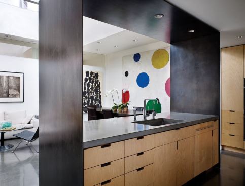 An ipe core houses a powder room and kitchen, where blackened hot-rolled steel “blinders” have a supple wax finish.