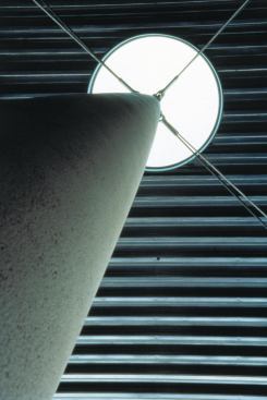 Circular skylights top the reading room’s concrete columns at the Phoenix Central Library.
