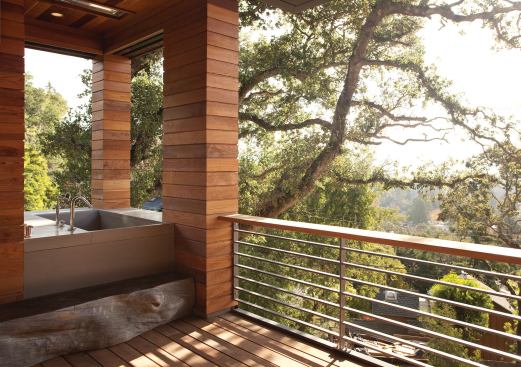 The outdoor shower offers yet another view of the property's heritage oak tree, as well as the San Francisco skyline. Automatic screens can be lowered for privacy.